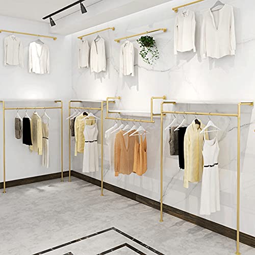 Modern Simple Industrial Pipe and Wood Garment Rack,Wall Mounted Hanging Rods Clothing Rack,Retail Display Storage Clothes Hanging Shelves (Gold, 59" L) - size: 59" L