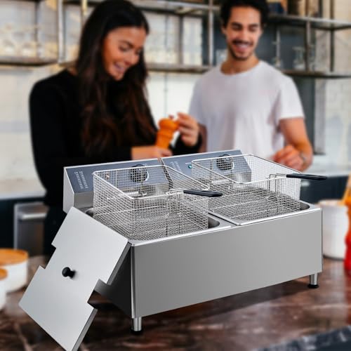 Commercial Electric Deep Fryer, 11L(11.55Qt) Double Removable Basket and Lid Stainless Steel Fast Heat Up Electric Countertop Fryer for Home and Commercial Restaurant Use, 201SS - size: 11L+11L 201