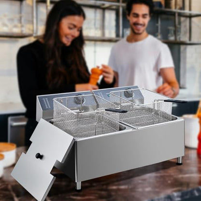 Commercial Electric Deep Fryer, 11L(11.55Qt) Double Removable Basket and Lid Stainless Steel Fast Heat Up Electric Countertop Fryer for Home and Commercial Restaurant Use, 201SS - size: 11L+11L 201