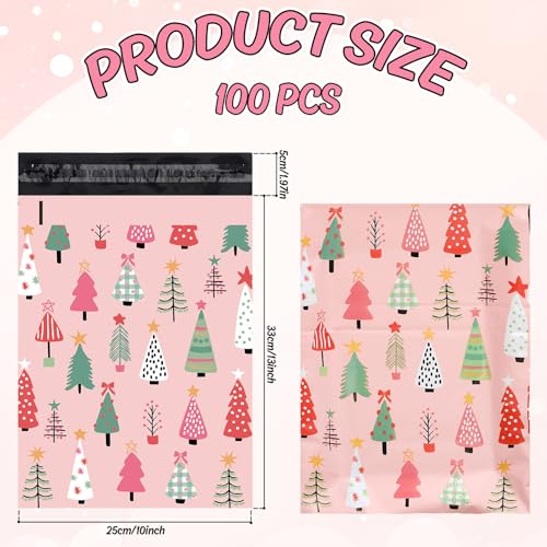 JarThenaAMCS 100Pcs Pink Christmas Poly Mailers 10 x 13 Inch Xmas Tree Packaging Bags Self Seal Mailing Envelope Bags for Winter Small Business Clothing Gift - style: pink xmas tree