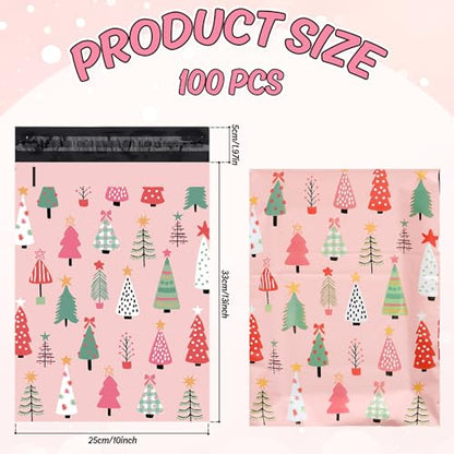 JarThenaAMCS 100Pcs Pink Christmas Poly Mailers 10 x 13 Inch Xmas Tree Packaging Bags Self Seal Mailing Envelope Bags for Winter Small Business Clothing Gift - style: pink xmas tree