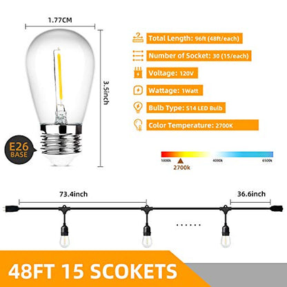 Outdoor String Lights 96FT(48×2), Commercial Grade Heavy Duty Patio Lights - color: Black-2700K, size: 96FT(48FT*2)