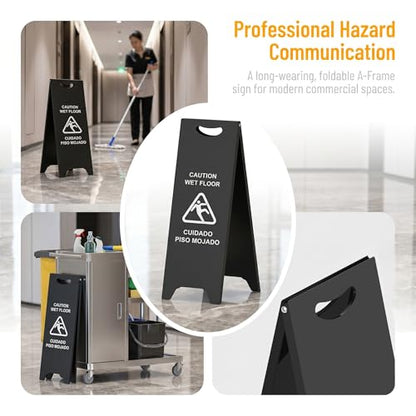 Bilingual Caution Wet Floor Sign, Foldable A-Frame Stand Commercial Grade - color: black