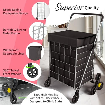Our Modern Space Stairs Climbing Shopping Cart w/Waterproof Basket Liner & 360° Swivel Wheels | Foldable Collapsible & Lightweight | Perfect for Groceries Laundry Utility Cart - Silver - color: Silver