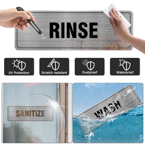 EVQ Wash Rinse Sanitize Sink Sign Aluminum Metal Silver 9 x 3 Inch 3 Pack - color: WASH RINSE SANITIZE - 9"×3"