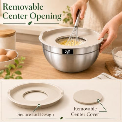 8PCS Stainless Steel Mixing Bowls with Lids - 5PCS Nesting Bowls, 3 Grater Attachments for 4.0 QT Bowl, Stainless Steel Mixing Bowls for Mixing & Serving, Size 1.5/2.1/3.5/4/4.5 QT, Khaki