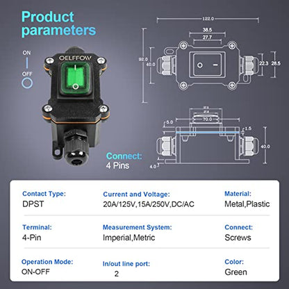 Waterproof On Off Toggle Switch Double Outlet with Green Light Rocker Button Inline Cord Switch DPST AC/DC 20A-125V,16A-250V,30A-24V,35A-12V, IP66 - color: Green/1 Switch/2 Outlet