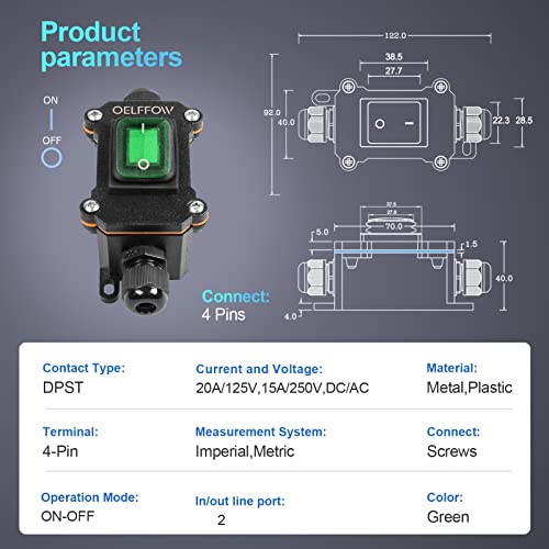 Waterproof On Off Toggle Switch Double Outlet with Green Light Rocker Button Inline Cord Switch DPST AC/DC 20A-125V,16A-250V,30A-24V,35A-12V, IP66 - color: Green/1 Switch/2 Outlet