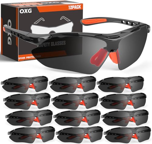 OXG Safety Glasses Bulk for Men Women, ANSI Z87 Safety Glasses UV Protection Protective Eyewear for Construction Woodworking - color: 12p-grey