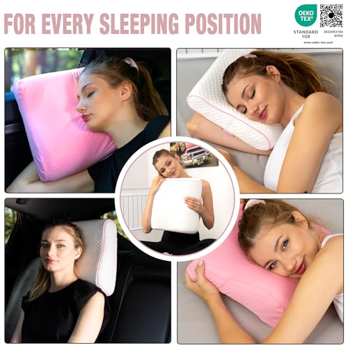 alkamto Travel & Camping Comfortable Memory Foam Pillow – Easy to Carry Portable Bag – Temperature Regulating Pillow Case - size: 13.7 x 11.8 x 3.9 / 3.14 In - Pink + Extra Cover