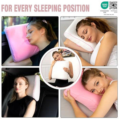 alkamto Travel & Camping Comfortable Memory Foam Pillow – Easy to Carry Portable Bag – Temperature Regulating Pillow Case - size: 13.7 x 11.8 x 3.9 / 3.14 In - Pink + Extra Cover