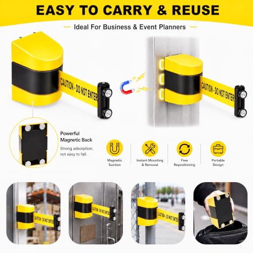 6 Pack Magnetic Retractable Wall Mount Barrier, 16.4 ft Crowd Control Safety High Visibility Caution Belt with Heavy Duty ABS Case for Retail, Stadium, Warehouse & Loading Dock