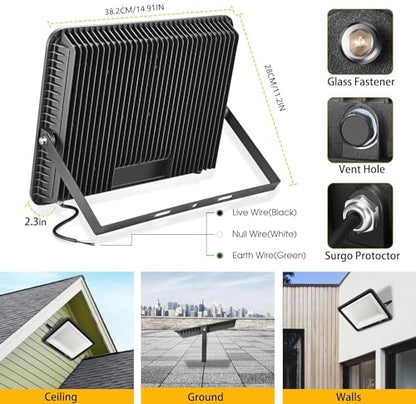 XYCN 2 pack 300W LED Flood Light(2000W Equivalent),Super Bright 42,500LM 5000K Daylight IP66 Waterproof Security Outdoor LED Arena Lights Commercial Lighting Floodlight for Backyard|Court|Stadium|Yard - color: 300W 2pack led flood light