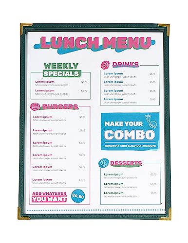 Menu Covers, Single Page, 1 Pocket, 2 View, for 8.5" x 11" Letter Size Paper, Pack of 6, Green Edging + Gold Metal Corner, Made with Leatherette & Vinyl