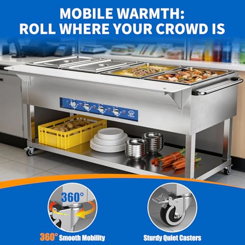 TOPKITCH Commercial Electric Food Warmer Soup Station - 4 Independent 19.5L Pans with German EGO Thermostat, Rolling Stand with Adjustable Shelves for Restaurant, Catering, Party - size: TC-4P