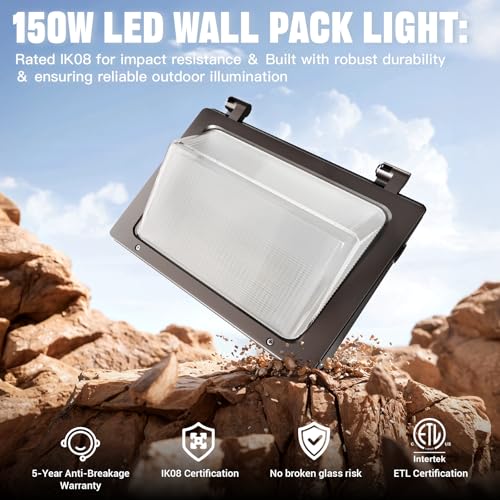 150W LED Wall Pack with Photocell Dusk to Dawn 5000K 0-10V Dimmable - size: 150W