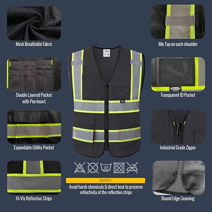 JKSafety Safety Vest for men women Hi Vis Vest with Pockets and Zipper High Visibility Reflective Vests BX320 - color: Black, size: Small