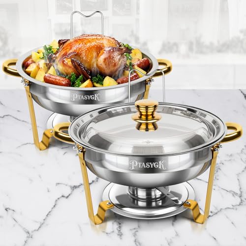 Round Chafing Dishes Buffet 2 Pack 5QT Gold Stainless Steel Lid - size: Gold-2 PACK