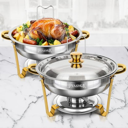 Round Chafing Dishes Buffet 2 Pack 5QT Gold Stainless Steel Lid - size: Gold-2 PACK