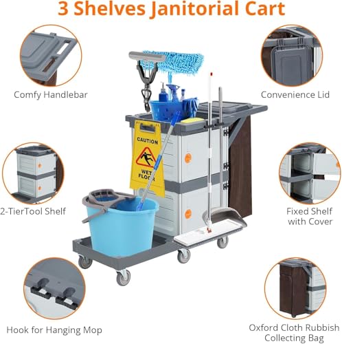 Commercial Janitorial Cart with 2 Cabinet, 3-Shelf Housekeeping Cleaning Cart on Wheels, Heavy Duty Plastic Utility Cart with 30 Gallon Trash Bag and Lid, 200 Lbs Load Capacity for Hotel Office School