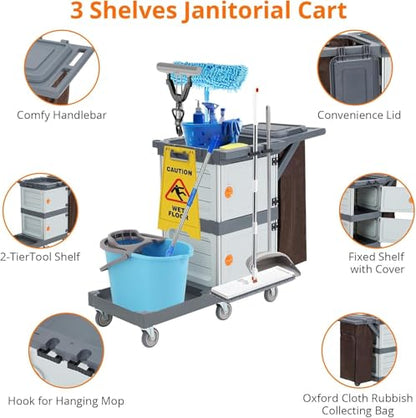 Commercial Janitorial Cart with 2 Cabinet, 3-Shelf Housekeeping Cleaning Cart on Wheels, Heavy Duty Plastic Utility Cart with 30 Gallon Trash Bag and Lid, 200 Lbs Load Capacity for Hotel Office School