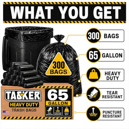 TASKER 300 Bags, 64-65 Gallon Trash Bags Heavy Duty, Large Black Garbage Bags, Wide Mouth Trash Can Liners for 60, 64, 65 and 70 Gallon Cans to Fit Toter Cart Liners for Outdoor Lawn Yard Cleanup - size: 300 Count (Pack of 1)