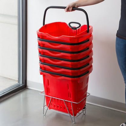 Red Plastic Shopping Basket with Wheels, 21.25x16.5 Inch, 45 lb Capacity, Telescopic Handle, Stackable Design