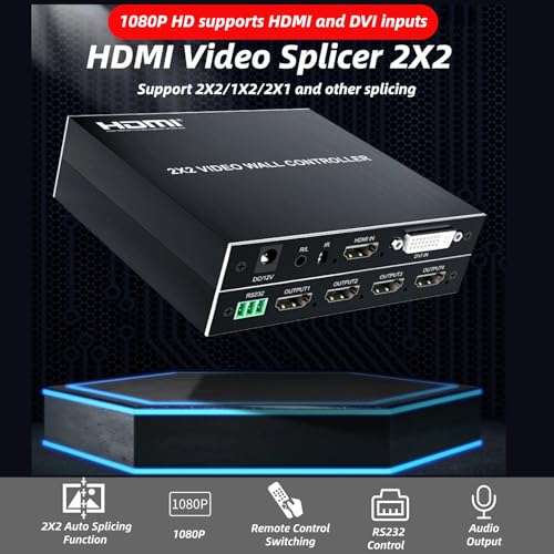 2x2 HDMI Video Wall Controller, Ultra HD 4 Channel DVI TV Wall Video multiviewer, 180° Rotating HDMI Splicing Display Processor with Remote for Laptop PC Computers, DVD Players(US)