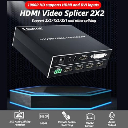 2x2 HDMI Video Wall Controller, Ultra HD 4 Channel DVI TV Wall Video multiviewer, 180° Rotating HDMI Splicing Display Processor with Remote for Laptop PC Computers, DVD Players(US)