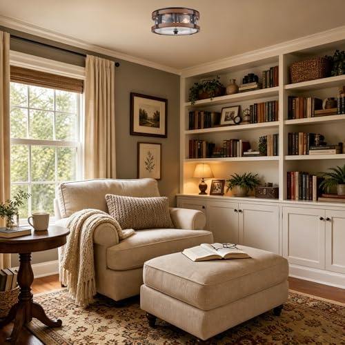 DEYNITE 2-Light Ceiling Light Drum Seeded Glass Shade Black & Rust Light - size: 4.1" Height