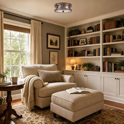 DEYNITE 2-Light Ceiling Light Drum Seeded Glass Shade Black & Rust Light - size: 4.1" Height