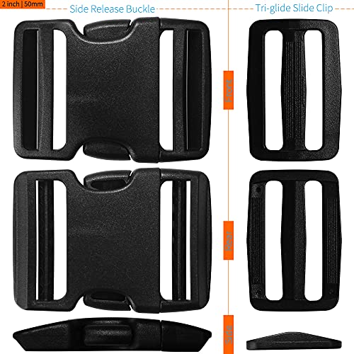 LASIGHT Buckles for 2 inch Wide Webbing Straps: Quick Side Release Buckle Clip 2 set and Tri-Glide Slide 4 pcs Fit 2" Nylon Web Belt, Plastic Snap Fastener Clip Heavy Duty Replacement Dual Adjustable - size: 2 Set for 2 inch Webbing