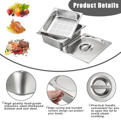 BSTKEY Stainless Steel Hotel Pans Half Size, 4 Inch Deep Steam Table Pan with Perforated Steam Tray and Lid, Warmer Breading Tray Food Pans for Kitchen Restaurant Supplies
