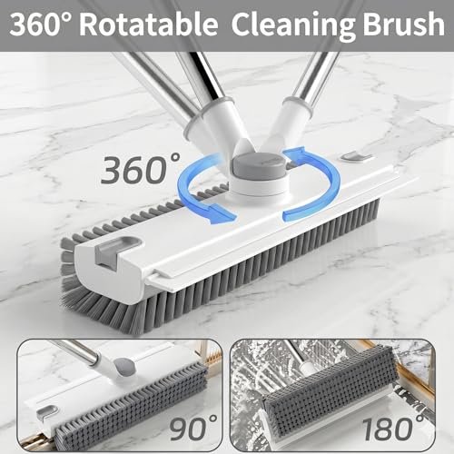 3 in 1 Floor Scrub Brush,Floor Scrubber with Squeegee and Tweezer, Push Broom with Long Handle,Heavy-Duty Stiff 90° Bristle Broom for Patio,Shower, Garage,Deck,Tile, Concrete & Wood Surface (White) - color: White