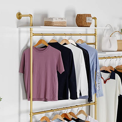 Industrial Pipe Clothing Rack Wall Mounted 5 Hanging Rods Garment Bar with Storage Shelf, Heavy Duty Metal Clothes Racks Closet System for Hanging Clothes Retail Display (Gold) - style: 5-Hanging with shelf Gold