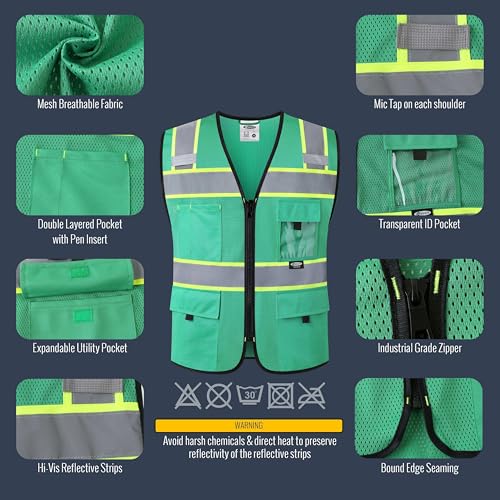 JKSafety Safety Vest for Men Women Hi Vis Relfective Vest with Pockets High Visibility Meet ANSI Standard - color: 331-green, size: Small
