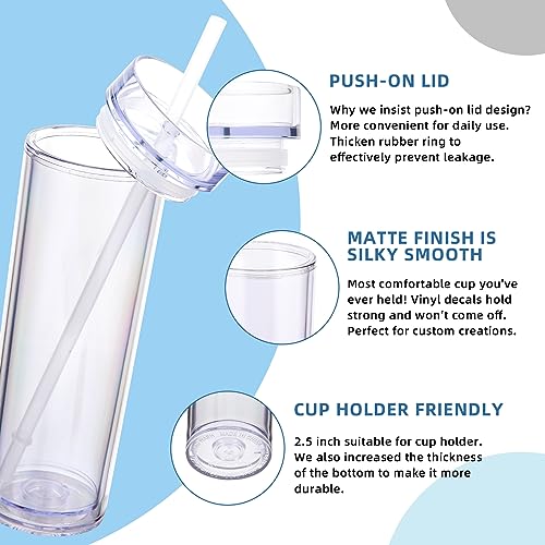 Volhoply 16oz Plastic Skinny Tumbler with Lid and Straw Bulk 4 Pack,Insulated Double Wall BPA Free Matte Acrylic Tumblers,Iced Coffee Travel Mug Reusable Party Cup,Customizable Diy Gifts(Clear,4 Set) - color: Clear