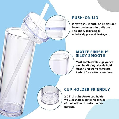 Volhoply 16oz Plastic Skinny Tumbler with Lid and Straw Bulk 4 Pack,Insulated Double Wall BPA Free Matte Acrylic Tumblers,Iced Coffee Travel Mug Reusable Party Cup,Customizable Diy Gifts(Clear,4 Set) - color: Clear