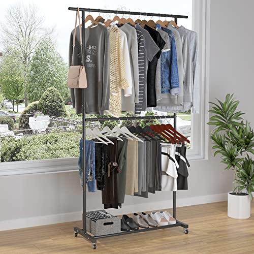 Sywhitta Double Rod Clothing Garment Rack, Rolling Clothes Organizer on Wheels for Hanging Clothes, Easy to Assemble, Adjustable, Black (Pack of 2) - color: Black, size: No mesh (Pack of 2)