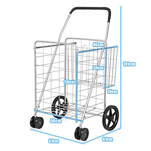 S AFSTAR Folding Shopping Cart, Metal Grocery Cart w/Extra Basket & 360° Swivel Wheels & Non-Slip Handle, Heavy Duty Utility Cart for Grocery Laundry Book Luggage (Silver) - color: Silver