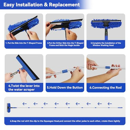 Window Squeegee Tool with Extension Pole: 20+ Feet Microfiber Scrubber Window Cleaning Kit for Rv Truck Bus Car Windshield - 3 to 14 Ft Spliceable Extendable Long Duster for High Outside Solar Panel - color: Blue