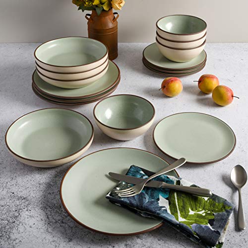 Gibson Elite Contempo Classic 16-Piece Double Bowl Dinnerware Set, Service for 4 – Mint Stoneware Plates and Bowls - color: Mint (Contempo Classic)
