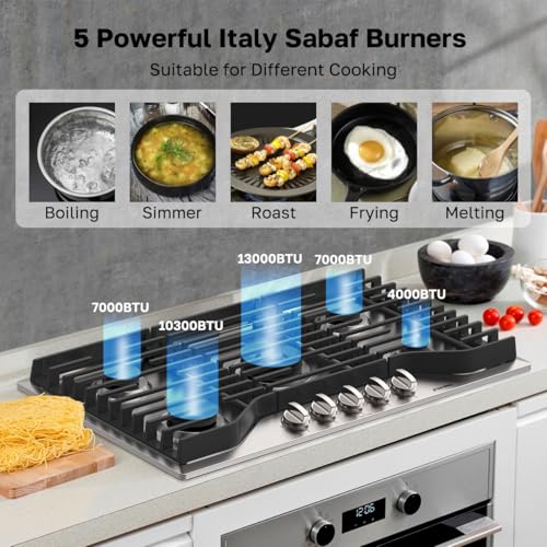 ThermoMate Heavy 36 Inch Gas Cooktop with 5 Italy Sabaf Power Burners, Built In Stove Top of 304 Stainless Steel, Gas Hob NG/LPG Convertible, Cooker with Thermocouple Protection CSA Certified - size: 36 inch 5 burners
