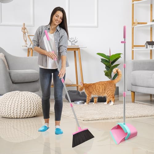 NACENA Broom and Dustpan Set with 52-in Long Adjustable Handle, Pink Blue - color: Pink-blue, size: 1 Pack