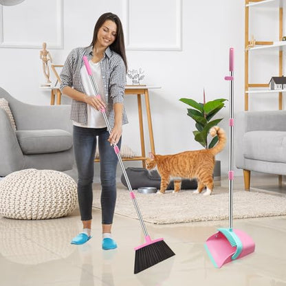 NACENA Broom and Dustpan Set with 52-in Long Adjustable Handle, Pink Blue - color: Pink-blue, size: 1 Pack