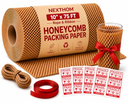 Honeycomb Packing Paper, 10 Inch x 75 FT – Eco-Friendly Recyclable Cushioning Wrap Roll for Moving & Shipping, Bubble Wrap Alternative with Rope, Ribbon & 40 Fragile Stickers - size: 10" x 75'