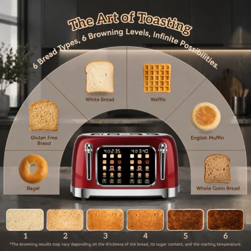 RONGBEST Retro 4 Slice Stainless Steel Toaster with Wide Slot Touch Screen for Family Breakfast, Reheat & Defrost, 6 Browning Levels for Bagel & Bread, Easy Removable Crumb Tray, Red Pearl - color: Red Pearl