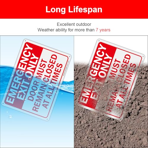 2 Pack Emergency Exit Only- Door Must Remain Closed at All Times Sign, 10x7Inch Aluminum Emergency Exit Only Keep Door Closed Sign, UV Protected and Weatherproof, Easy to Install, Indoor/Outdoors Use