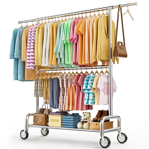 Heavy Duty Clothes Rack Load 860LBS, Double Rods Rolling Clothing Racks for Hanging Clothes, Rolling Garment Rack With Sturdy Wheels Shelves, Portable & Adjustable Commercial Garment Rack, Silver - color: Silver, size: 15.0" x 63.4" x 74.8"(2 Rods)