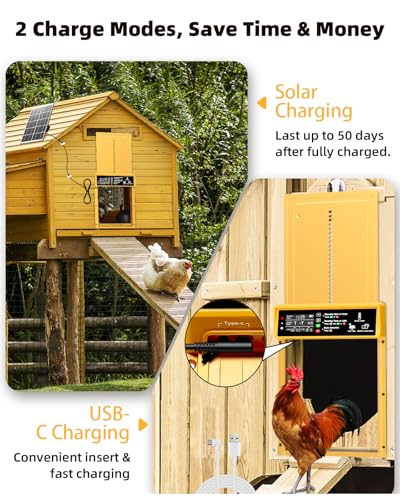 Automatic Chicken Coop Door Solar Powered with Timer & Light Sensor, Pet Deluxe Chicken Door with 7W Solar Panel, Anti-Pinch Safety, 10PCS Wire Clips and Aluminum Alloy, Long-Range Remote - Gold - color: Gold